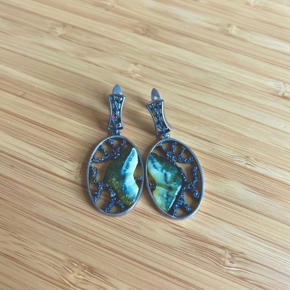 Green and Silver Iridescent Earrings with Dichroic Glass